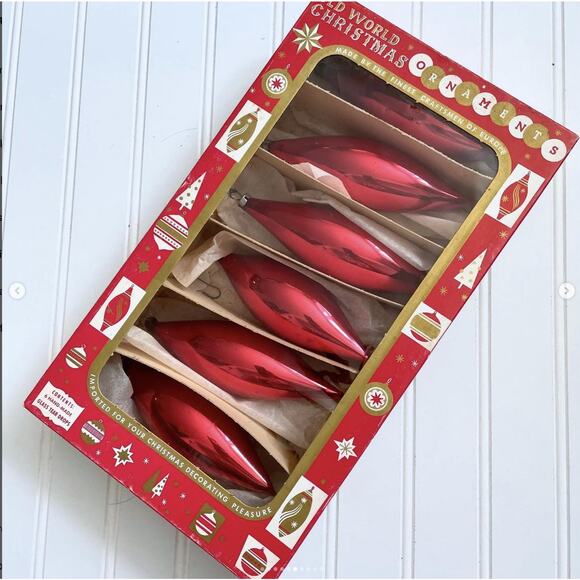 ONE BOX Vintage Old World Christmas Ornaments Teardrop Icicle Glass Red Set x6 - Picture 6 of 10
